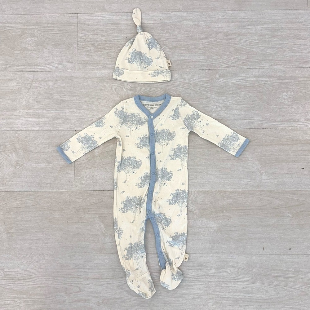 Burt's Bees Baby Organic Cotton Infant Sleepwear Set 6-9M Tree Print Blue Trim
